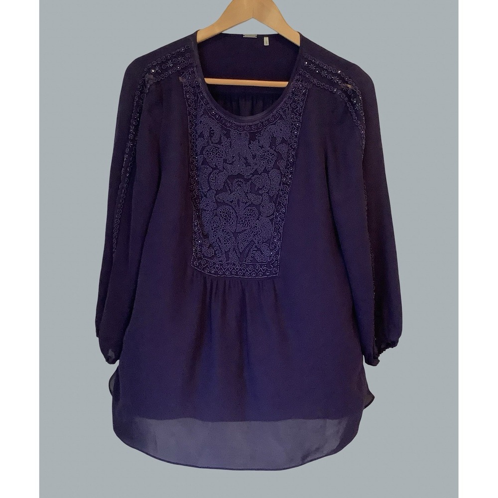 Elie Tahari Womens M Blue 3/4 Puff Sleeve Embellished Beaded Silk Top Blouse